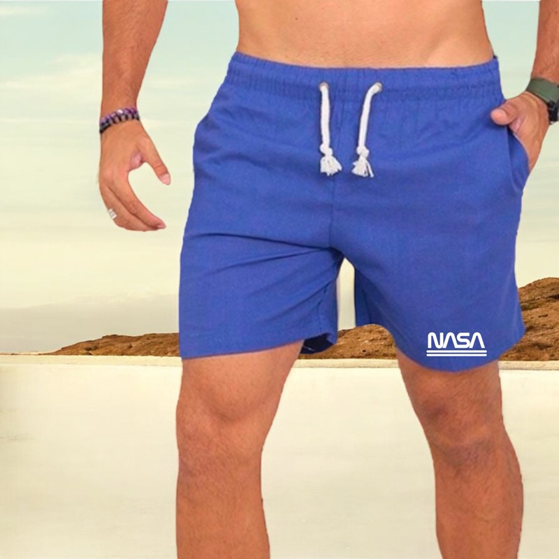 Bermuda Casual Linho Lavado com Estampa NASA Short Mauricinho Tecido Leve Verão Praia