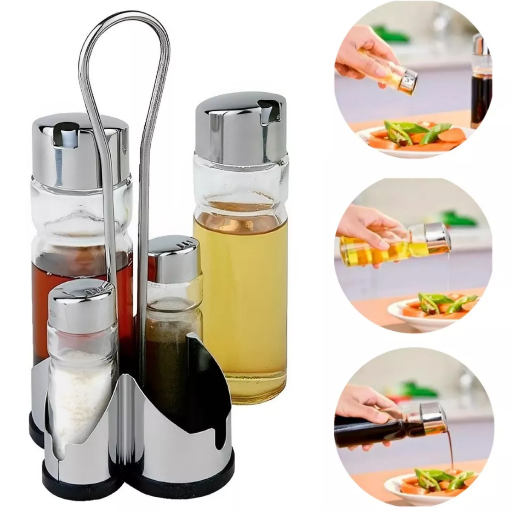 Galheteiro Porta Azeite Vinagre Saleiro Paliteiro Vidro Inox 5 Peças em Oferta na Shopee