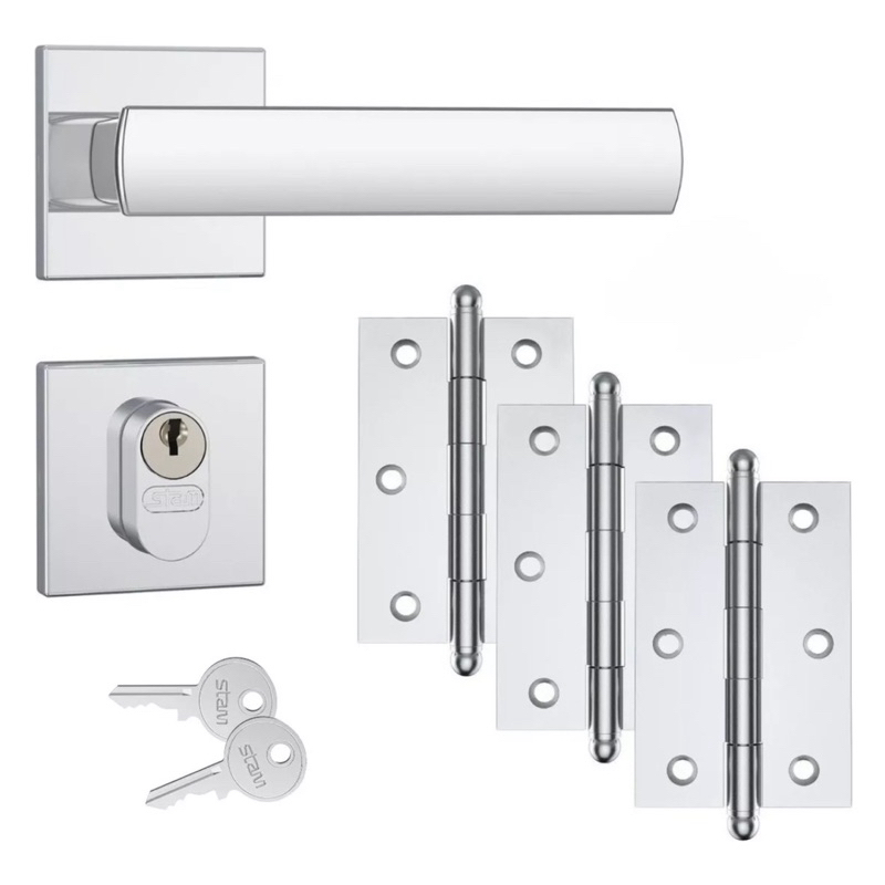 Kit Fechadura Externa Stam 803/35 + 3 Dobradiças Aço Pino bola 31/2" Varias Cores Acompanha 2 Chaves