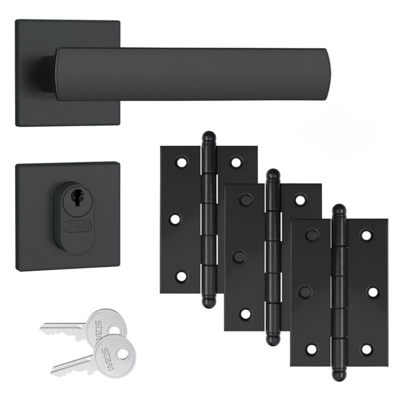 Kit Fechadura Preto Fosco Stam + 3 Dobradiças em Aço Externa Interna e Banheiro em Oferta na Shopee