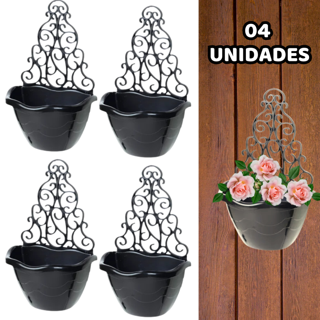 Kit 4 Vasos De Plantas Parede Modelo Arandela 2,5 Litros Preto - Vaso De Parede Para Planta Objetos De Decoração Flores