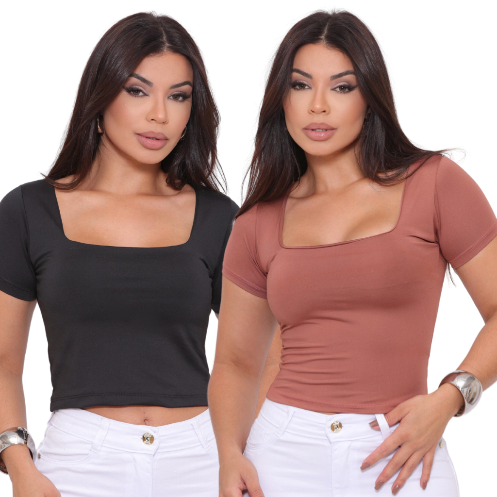 Kit 2 Blusas Cropped Suplex Básico Liso Manga Curta Forrado Decote Quadrado Cores Variadas