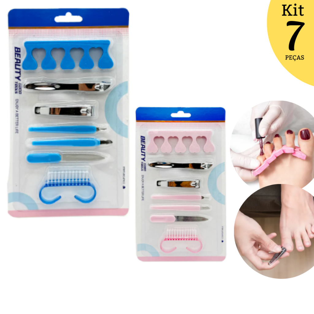 Kit Para Pedicure Manicure Cortador De Unha E Acessórios 7 Peças Escovinha Lixa Espátula Divisor Separador de Dedos Pé