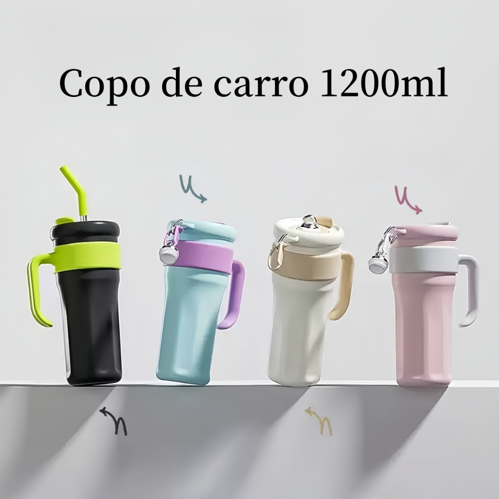 Copo térmico de aço inoxidável 304 para carro, grande capacidade, portátil, 1200ML