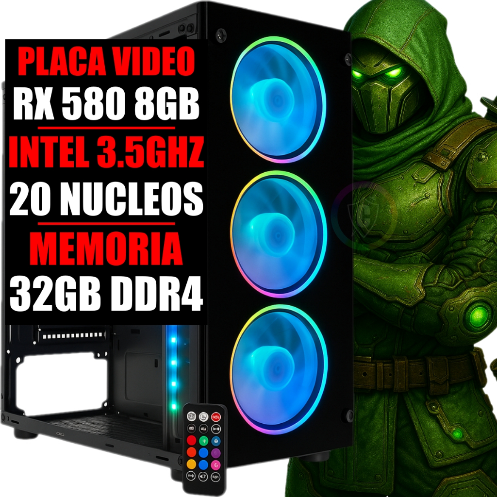 PC Gamer RGB Intel Xeon 20 Núcleos 3.5Ghz / Placa Video RX 580 8GB DDR5 / 32GB RAM DDR4 / SSD 480GB