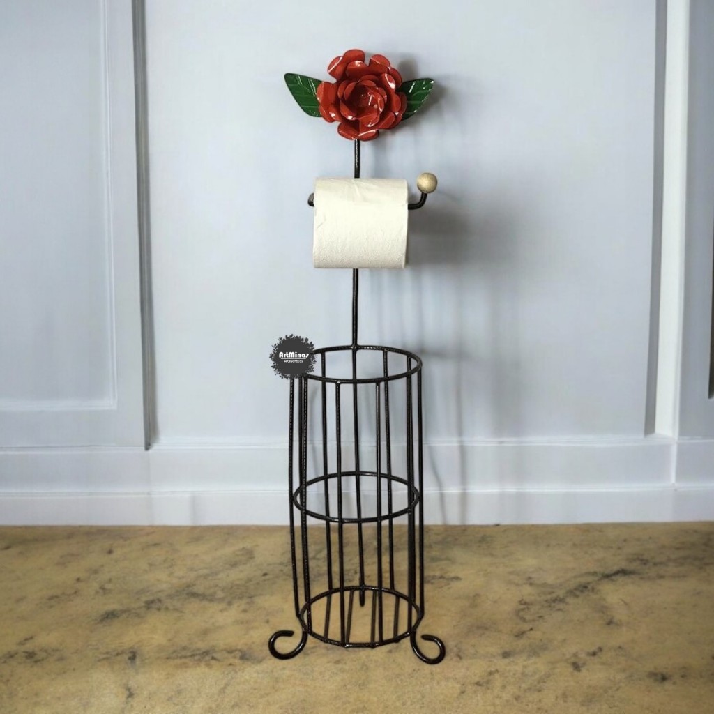Suporte porta papel higienico em ferro com cesto redondo dispenser banheiro decorativo