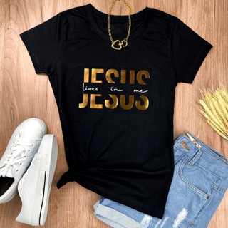 Camiseta Feminina Jesus Vive em Mim Gospel Cristã Evangélica Algodão Confortável Estilo de Fé