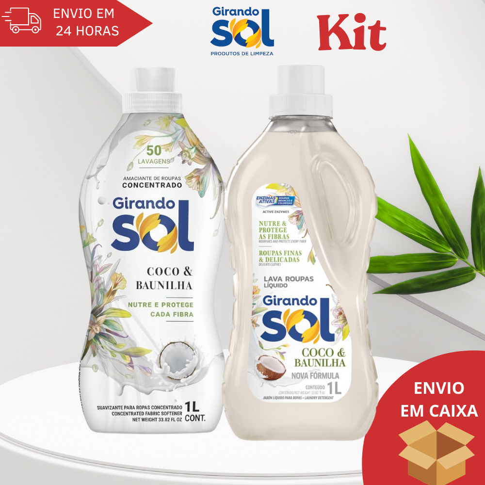 Kit Sabão lava roupas 1L + Amaciante Concentrado 1L Coco com Baunilha Girando Sol