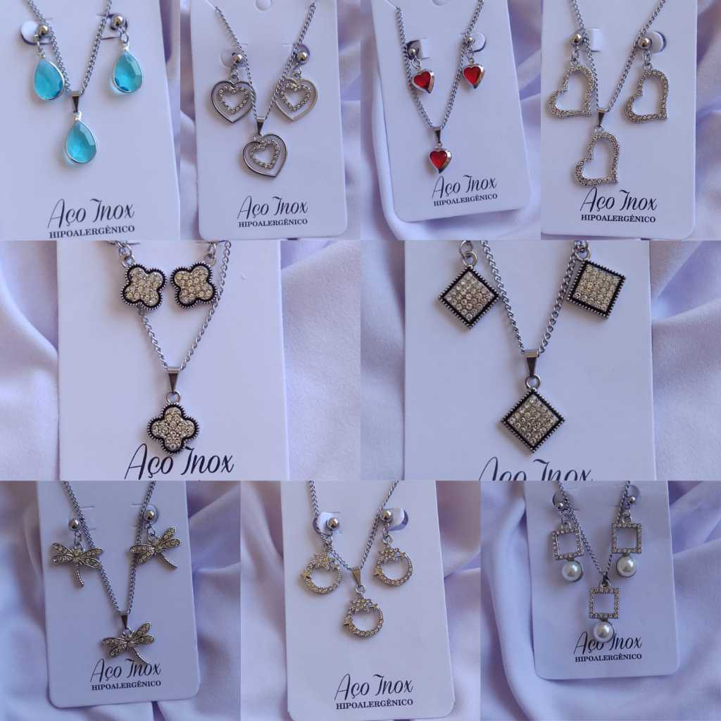 Kit 5 Conjuntos Colar e Brinco AÇO INOX HIPOALERGÊNICO Cravejado Pedras Pérolas Strass Sortidos em Oferta na Shopee