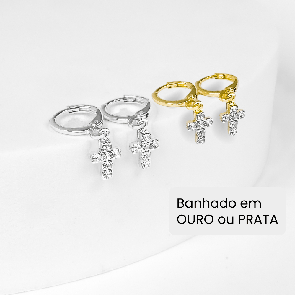 Argolinha Click Brinco de Argola com Pingente de Cruz com Pedras Banhado a Prata ou Ouro
