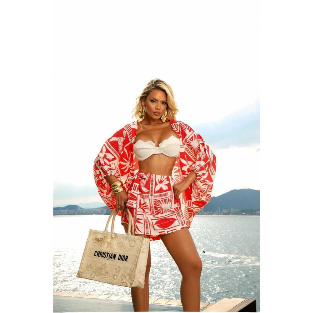 Conjunto Feminina Estampas Kimono+short Estilo Moda