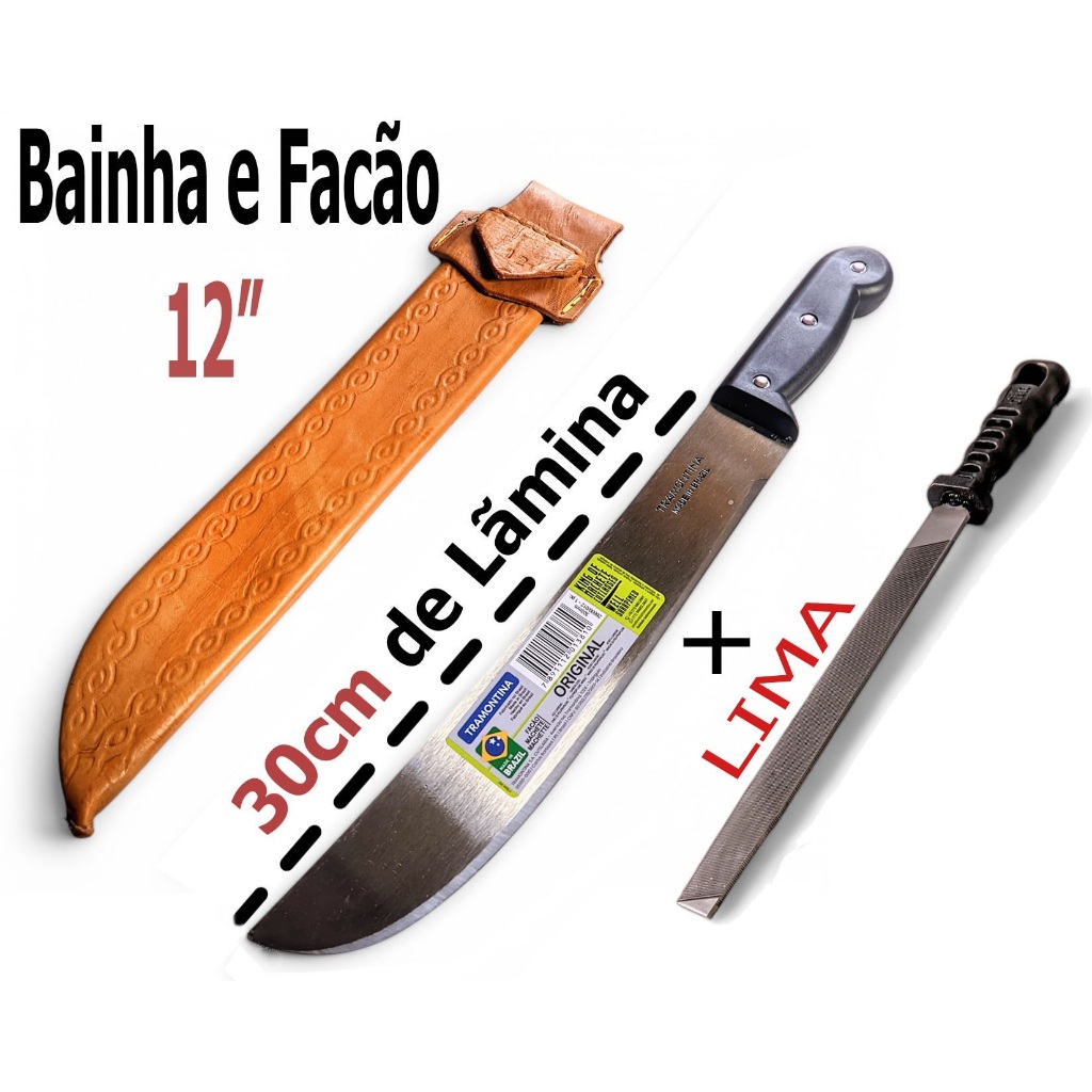 Facão Mato 12 Polegadas Tramontina Lâmina Aço Carbono + Bainha em couro + lima para amolar