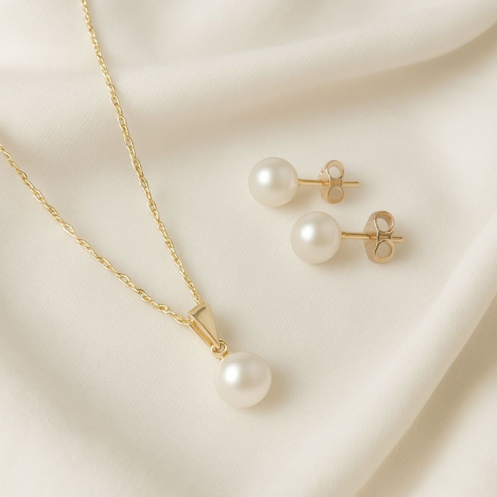 Conjunto Colar e Brinco de Pérola 7mm Banhado a Ouro 18k com Garantia Perfeito Para Presente em Oferta na Shopee