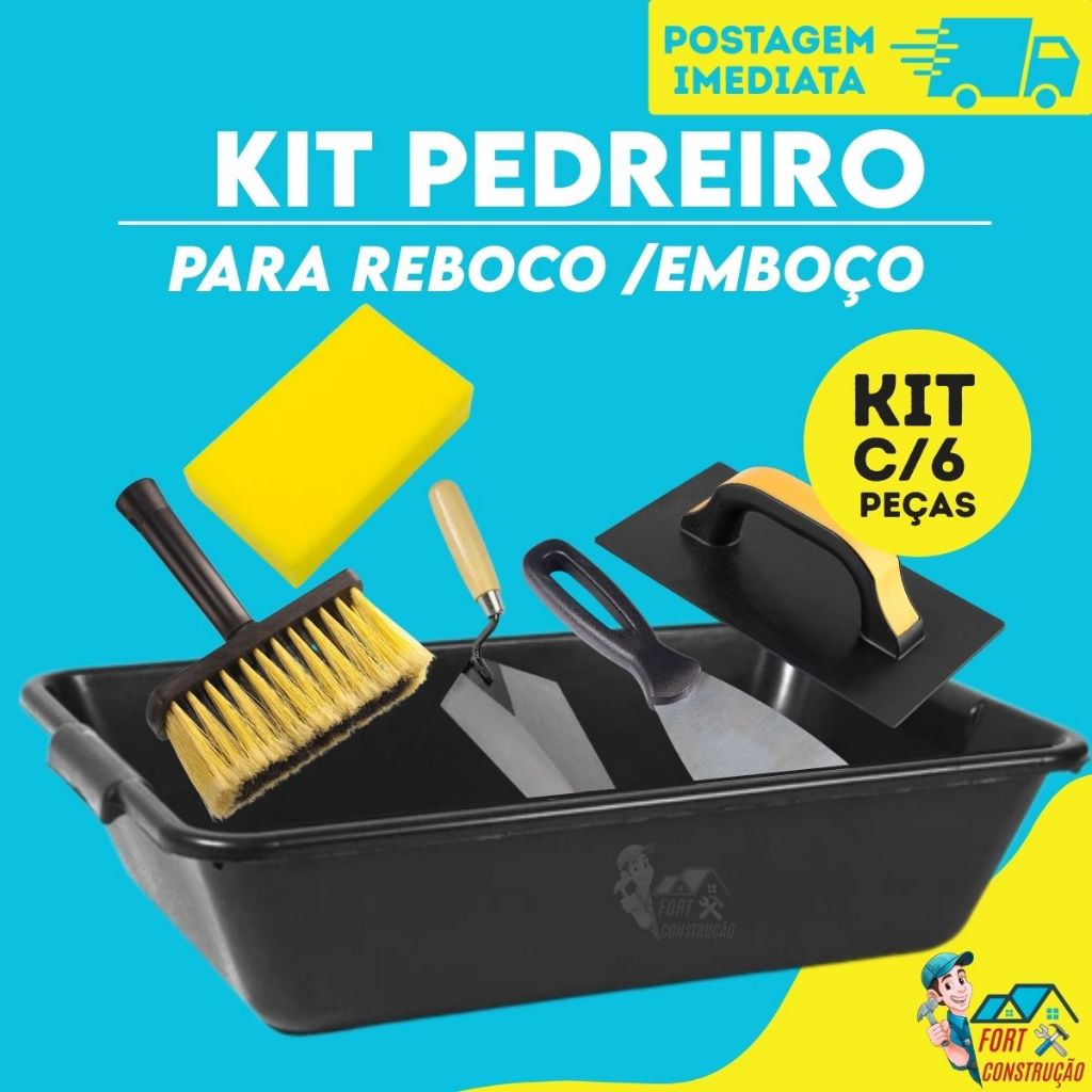 Kit Caixa de Massa Masseira 22L + Colher de Pedreiro Espatula Desempenadeira Broxa Bloco Espuma