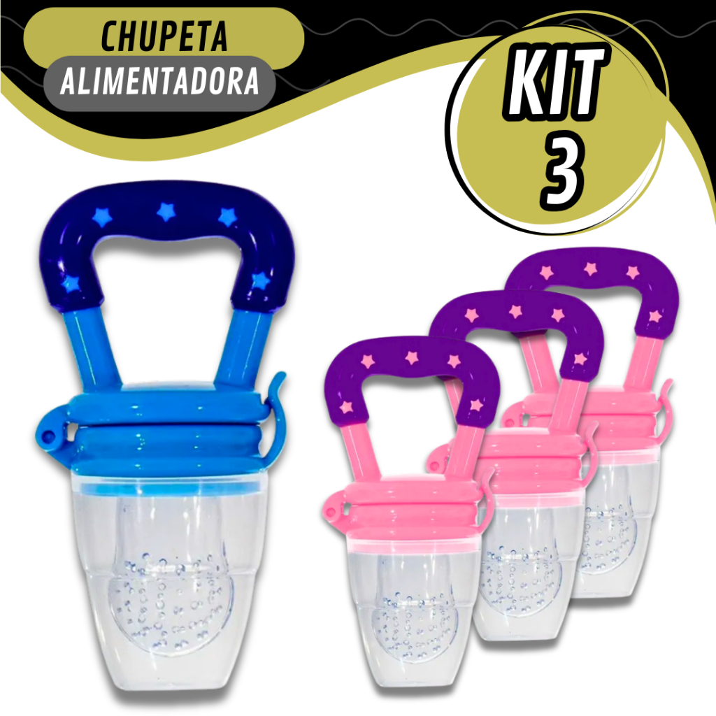 Chupeta Alimentadora 3 Peças Para Introdução Alimentar De Frutas Com Tampa Higiênica Prática Com Bico De Mamadeira Macio