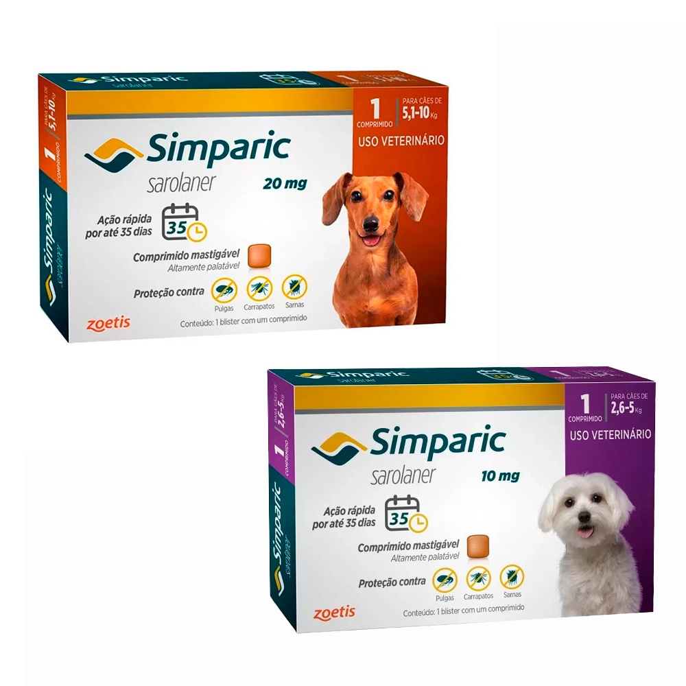 Kit 2 Simparic Para Cães 2,6 A 5kg  e 5,1 A 10kg com 1 Comprimido em Oferta na Shopee