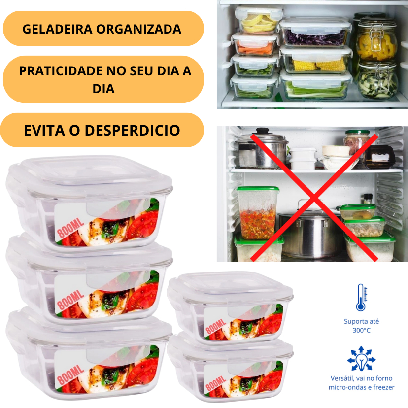 KIT 5 Pote 800ml Vidro Marmita Fitness Marmita Trabalho Organizar Geladeira Tampa 4 Trava Hermético