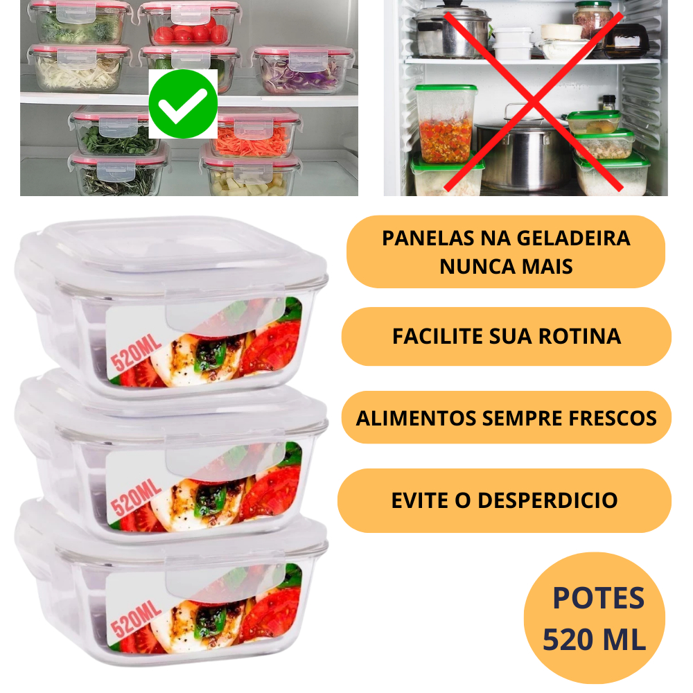 Pote 520ml Vidro Marmita Fitness Organização Geladeira Conserva os Alimentos Fresco Tampa 4 Trava Hermético