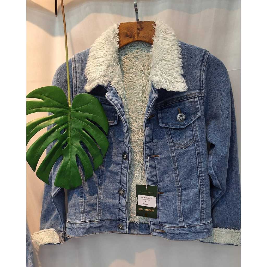 jaqueta jeans femenina, com pelucia inverno em Oferta na Shopee
