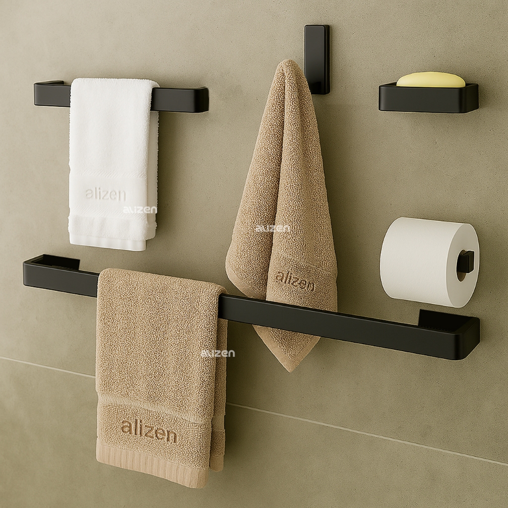 Kit Acessórios para Banheiro 5 Peças Preto Fosco – Porta Toalhas e Saboneteira Super Luxo