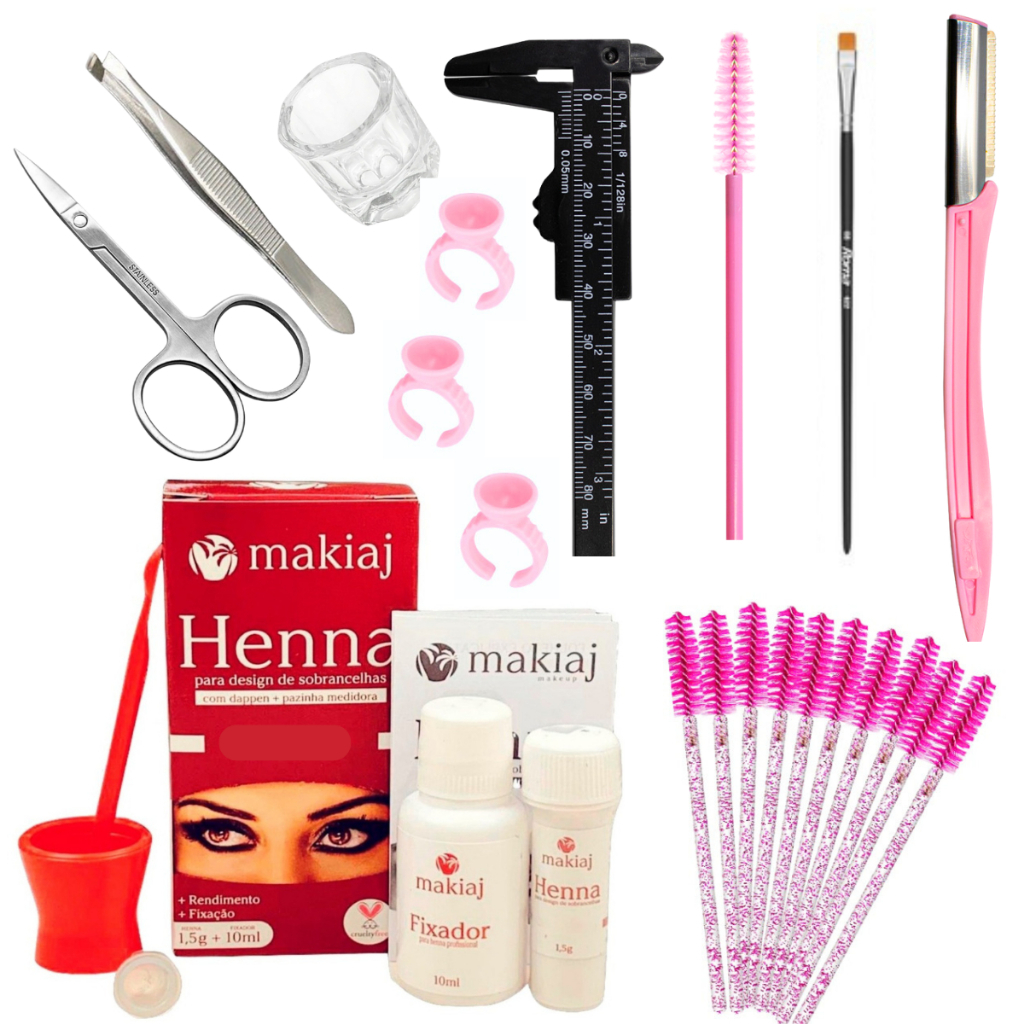 Kit Design para Sobrancelhas Henna Makiaj Hipoalergênica Paquimêtro Navalha Completo