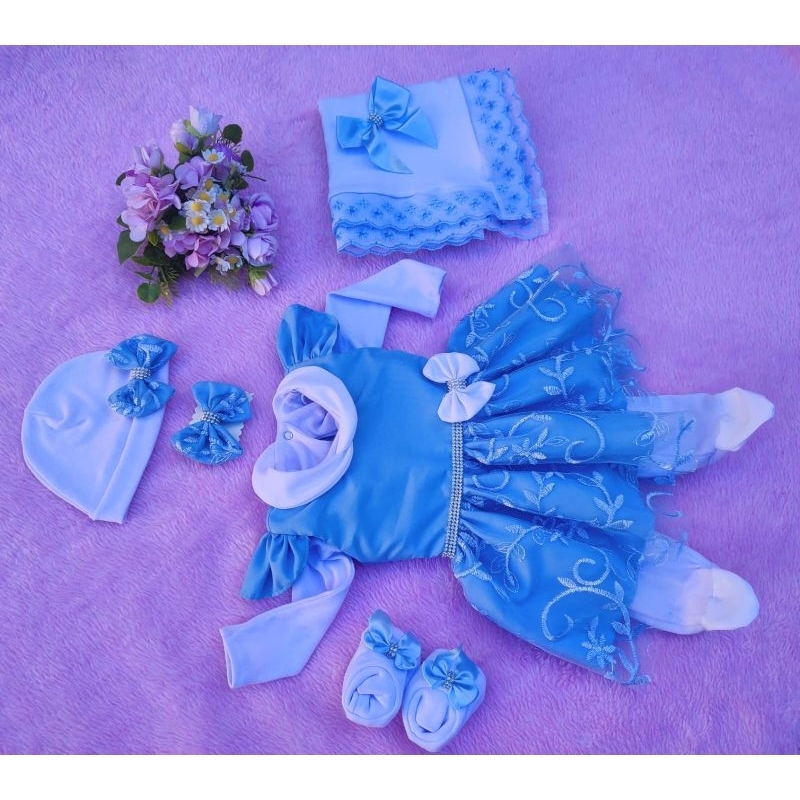 Saida de Maternidade Menina Luxo Azul com Renda Bordada em Oferta na Shopee