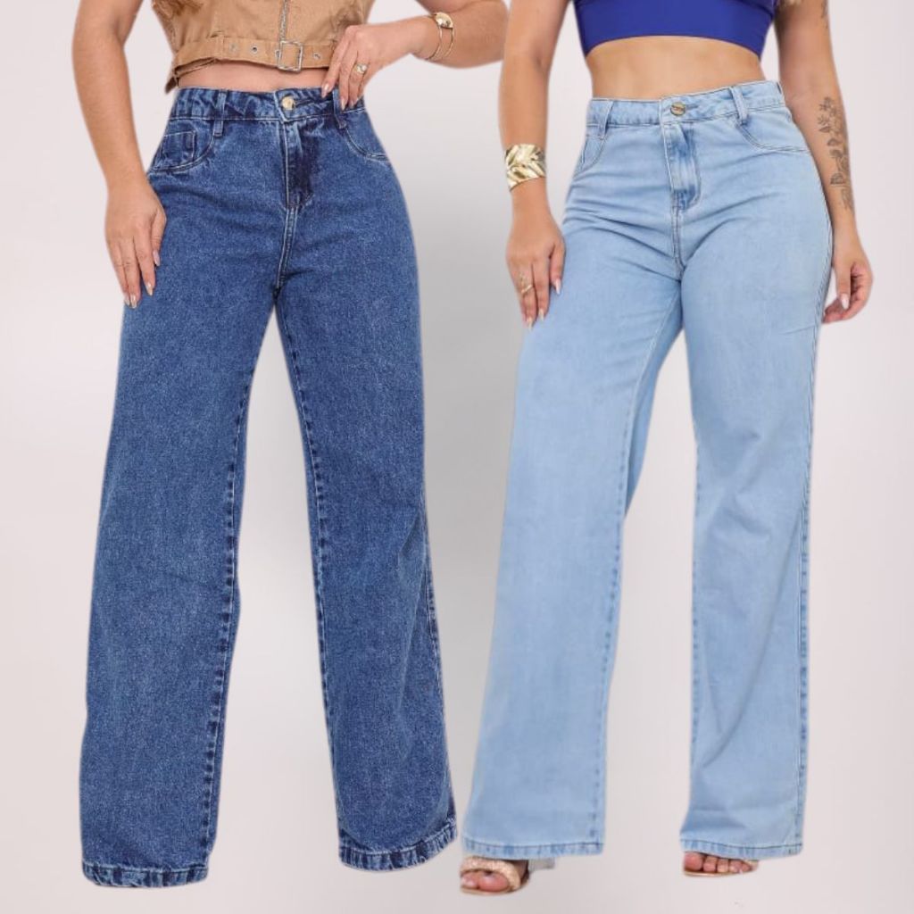 kit 2 Calça  Jeans Feminina Wide Leg Marmorizada Cintura Alta Sem Lycra 100% Algodão Panta...
