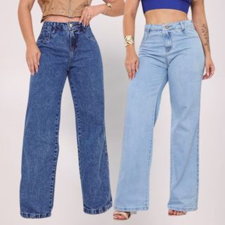 kit Calça  Jeans Feminina Wide Leg Marmorizada Cintura Alta Sem Lycra 100% Algodão Pantal…