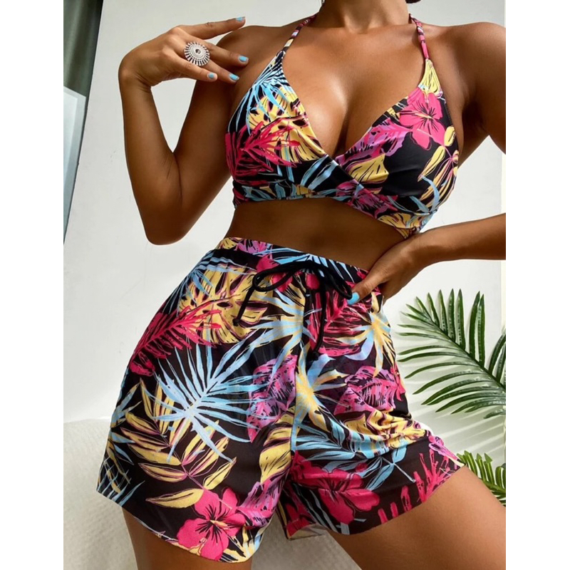 Conjunto Biquíni estmapa Tropical 3 Peças Com Saída de Banho Cintura Alta Forrado Praia Piscina
