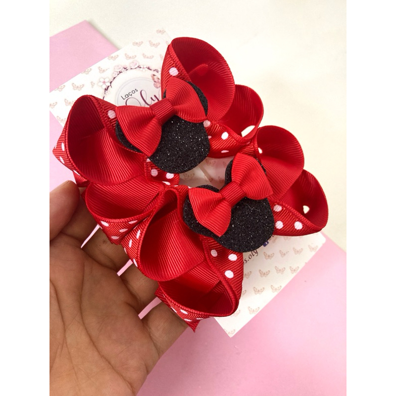 Par de laços presilhas infantil  tema Minnie Vermelha
