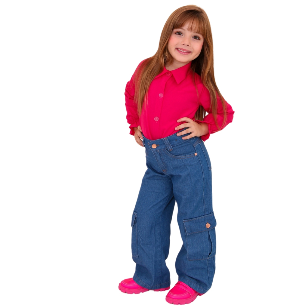 Calca Cargo Wid Leg Menina Infantil jeans 100% com regulagem interna Bolso Lateral Moda Blogueira em Oferta na Shopee