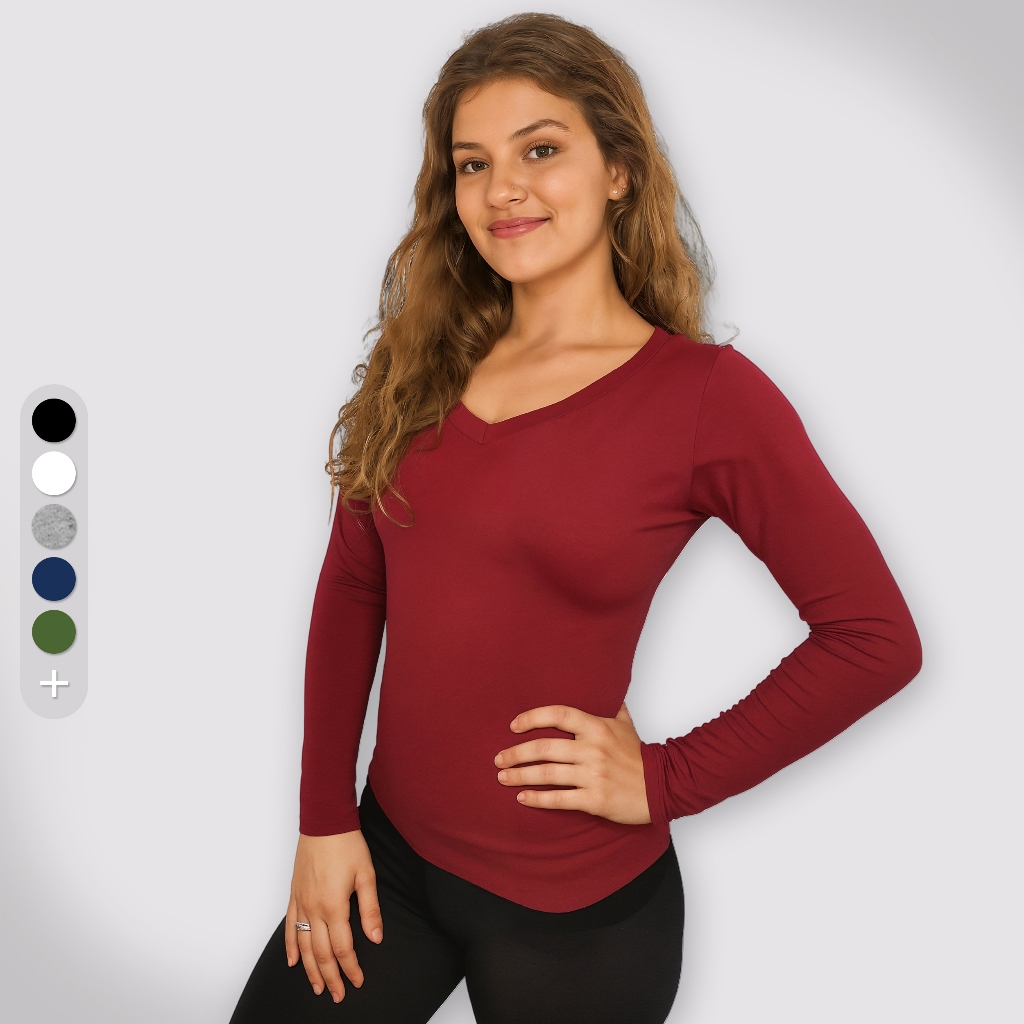 Blusa Camiseta Manga Longa Feminina Babylook Viscolycra Gola V em Oferta na Shopee