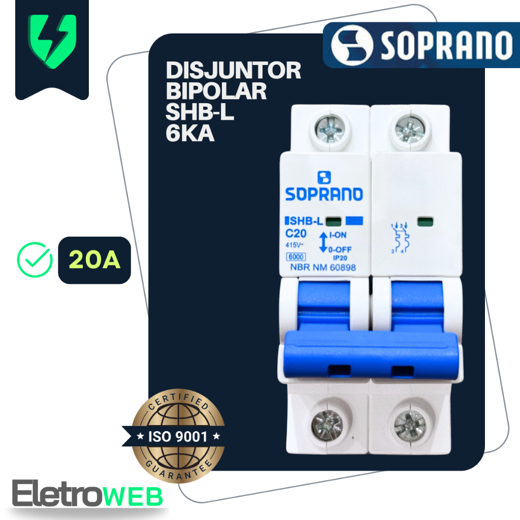 Disjuntor Bipolar Din 20a 6kA Curva C - 110v/220 Soprano Modelo SHB-L  Promoção Oferta