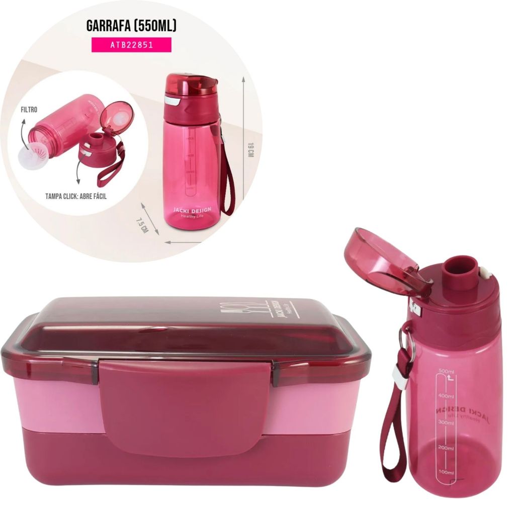 Kit Marmita 950ml Garrafa Squeeze 500ml com filtro infusor e trava de segurança leve escola trabalho
