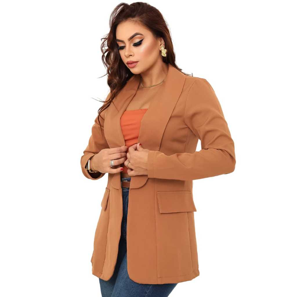 Blazer  Feminino Alfaiataria Max Social Plus Size Frente Aberta Elegante Premium