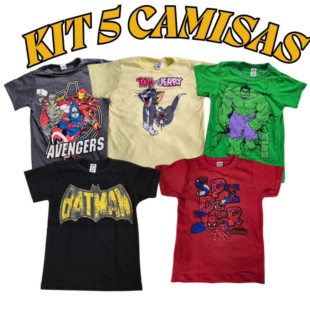 Kit 5 Camisetas Manga Curta Estampado Infantil Menino  Sortidos Verão Masculino Básico