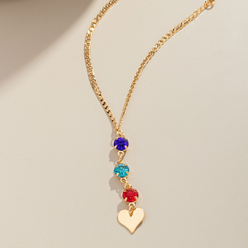 Choker Pingente Pedras Coloridas e Coração, Semijoia, Ouro 18K