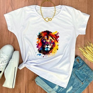 Camiseta Feminina Leão Colorido Gospel Cristã Evangélica Baby Look Algodão Premium Estilo e Fé