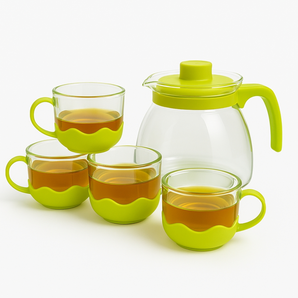 Kit Chá/Café em Vidro com 4 Xícaras + Chaleira 1.1L – Design Moderno e Colorido - 03 cores