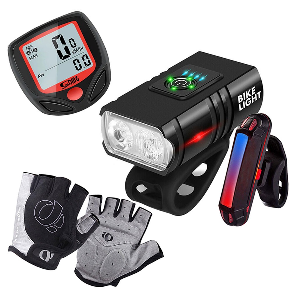 Lanterna Farol 2 Led Com Visor + Sinalizador Pisca + Luva Bike Meio Dedo + Velocímetro Com Fio Mtb