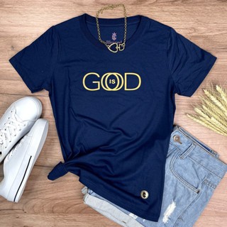 Camiseta Feminina Azul God is Good Algodão Premium Gospel Cristã Evangélica Fé e Estilo Casual