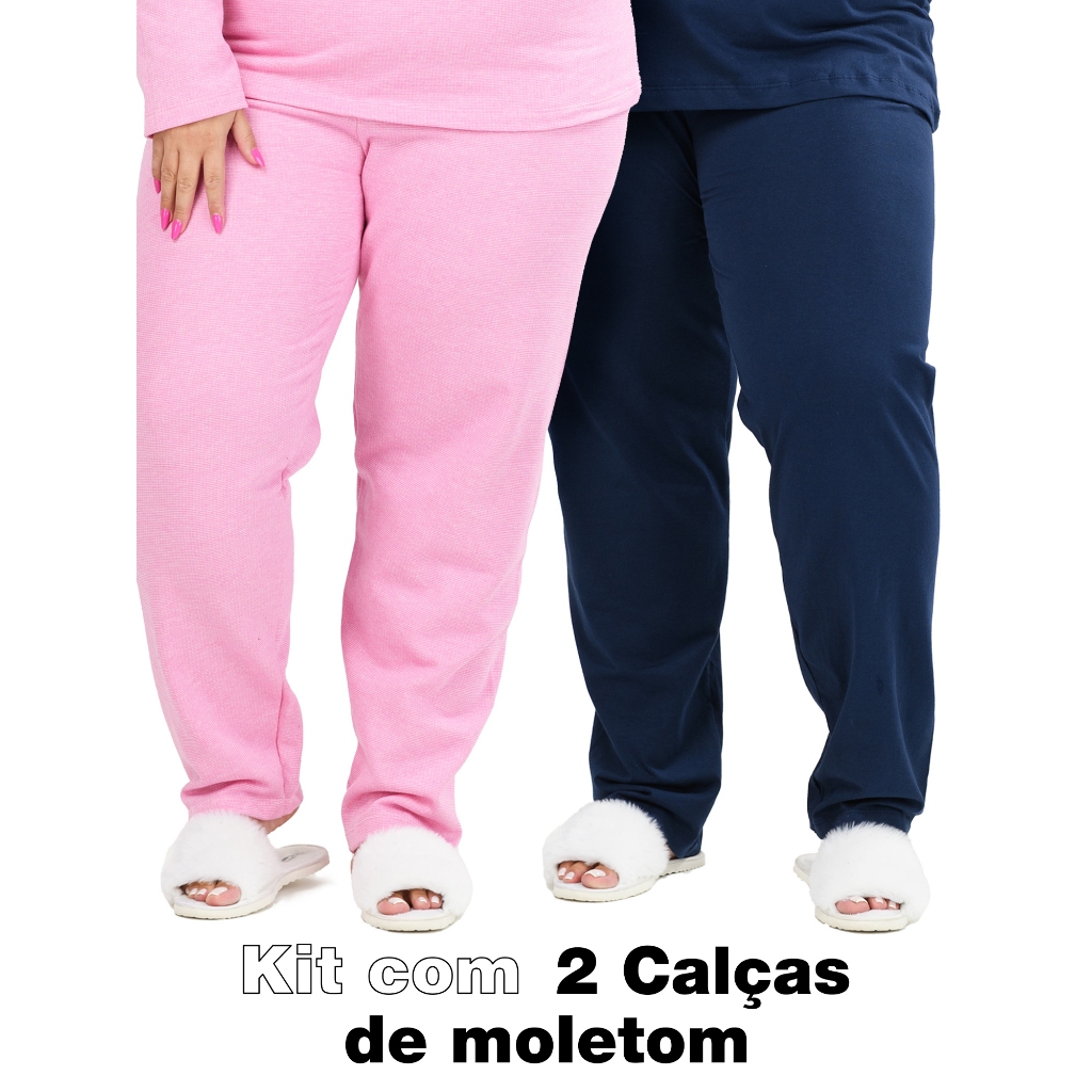 Kit 2 Calças Moletom Feminina 100% Algodão Confortável do P ao G6 Plus Size Inverno Casual Dia a Dia