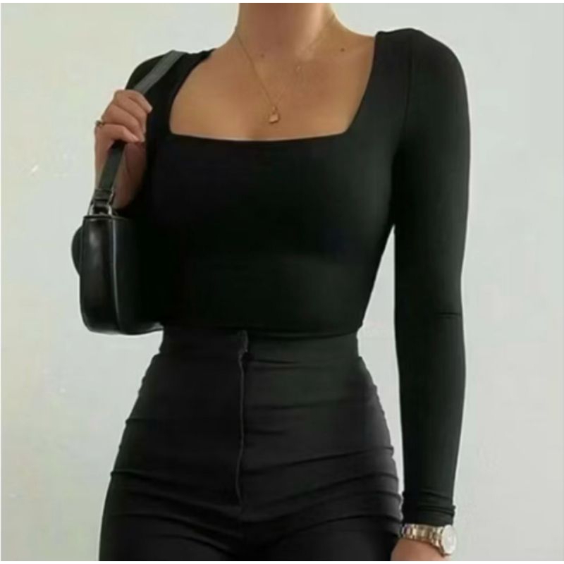 Blusa Feminina Básica canelada manga longa decote gola quadrada  segunda pele blusinha  casual elegante