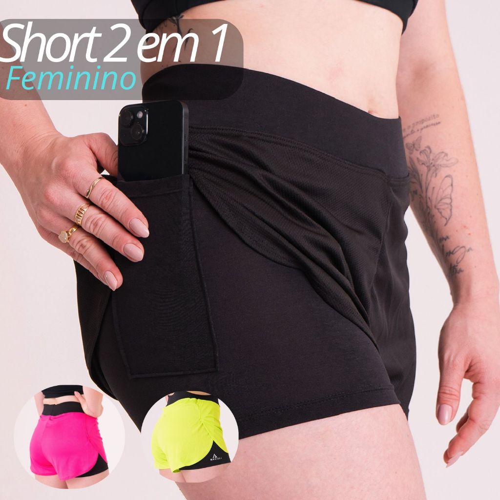 Short 2 em 1 FEMININO C/ Bolso Lateral ANTIQUEDA Caminhada Academia Exercício treino e proteção Uv