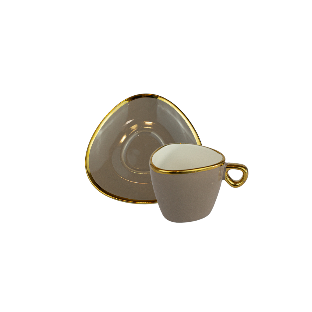 Xícara Café Aurora com Pires Cerâmica 80ml Cinza Borda Dourada