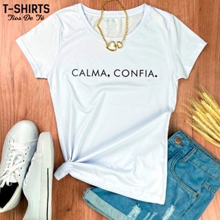 Camiseta Feminina Calma Confia Algodão Confortável Estampada Gospel Cristã Evangélica Estilo e Fé