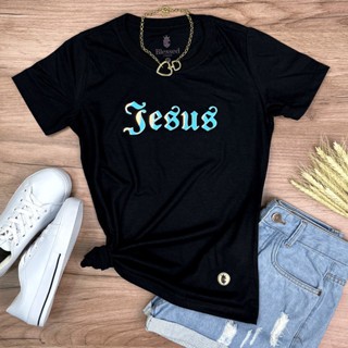 Camiseta Feminina Preta Aplique Jesus Algodão Confortável Gospel Cristã Estilo e Fé Moderna
