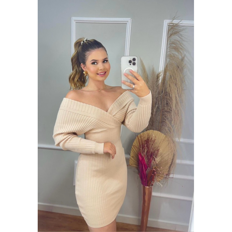 vestido tricot moda elegante manga longa decote V curto