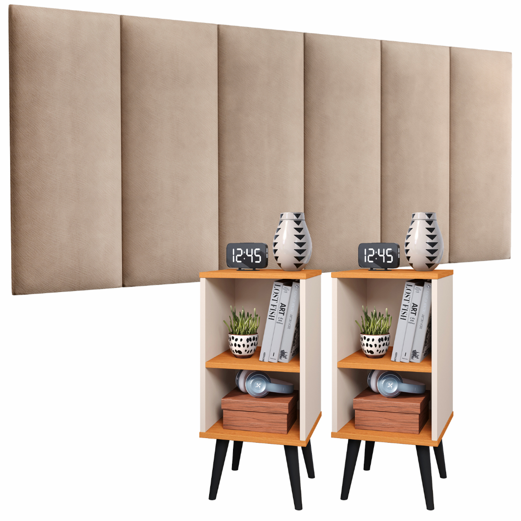 Conjunto 2 Mesa De Cabeceira E Cabeceira Estofada Cama Casal Kit Quarto Criado Charme Módulos