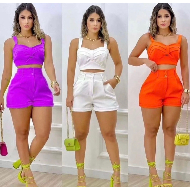 Conjunto Feminino  (SHORT+CROPEED) tecido alfaiataria com bojo tendência social moda femenina diversas cores em Oferta na Shopee